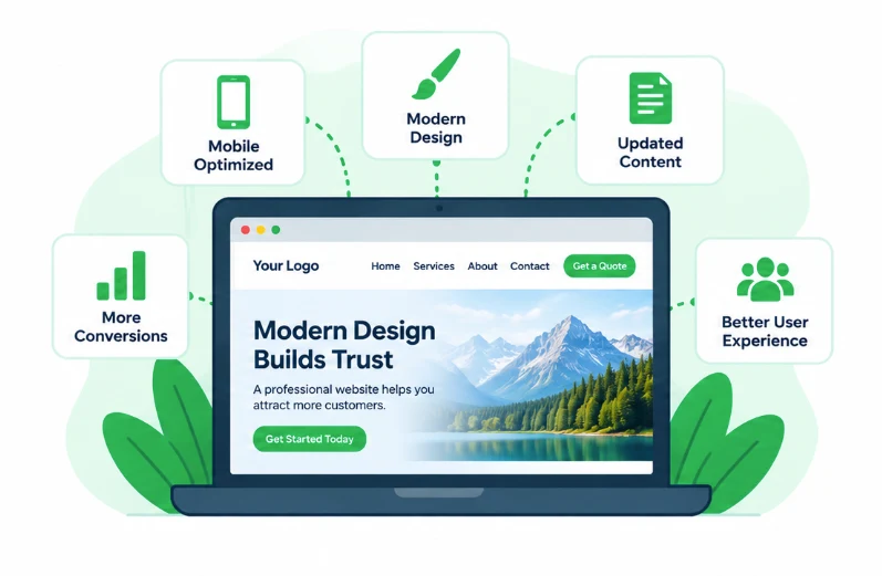 Modern website illustration showing improved design, mobile usability, and clear calls to action