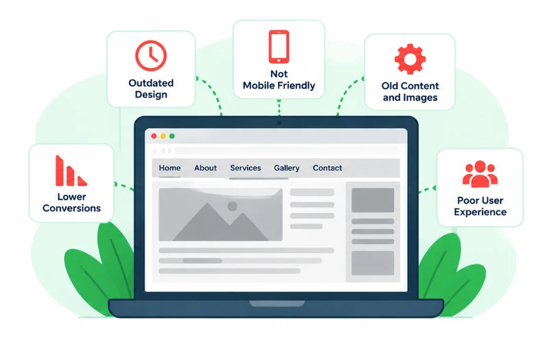 Outdated website illustration showing old design, poor mobile usability, and cluttered content