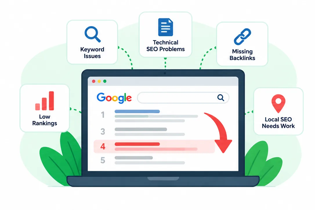 Illustration showing a website with low Google search rankings and common SEO issues