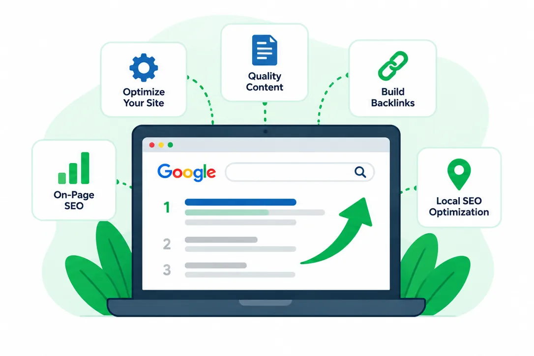 Illustration showing improved Google search visibility through website and content optimization